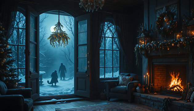 Mysterious gothic mansion interior with a roaring fireplace and a view of a snowy moonlit forest through large arched windows evoking a sense of eerie enchantment and winter solitude