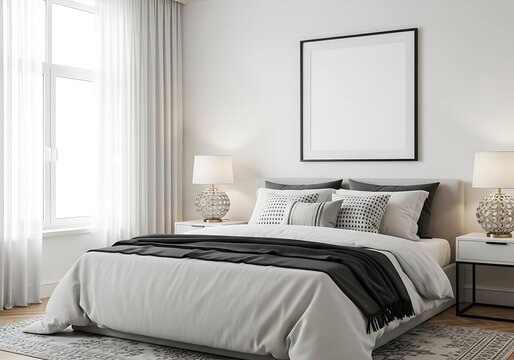 Modern bedroom with minimalist decor and large window