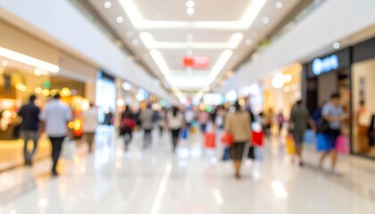 Blurred view of a busy indoor shopping mall with numerous people walking and browsing