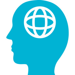 Turquoise Silhouette Head with White Globe Icon Inside Represents Global Thinking and Ideas on Transparent Background