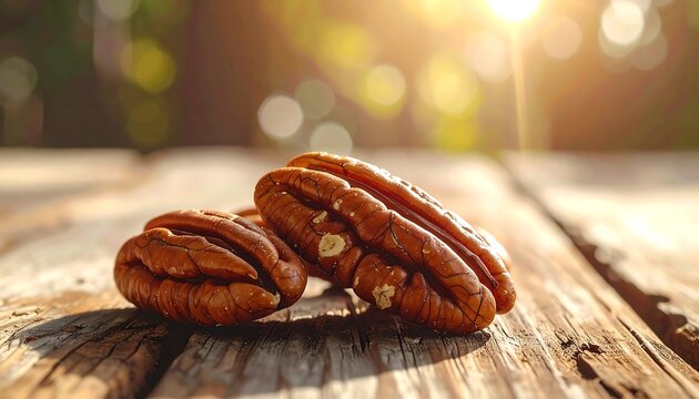 Two shelled nuts, with details visible, sit on rustic wood, lit by warm sunlight and a blurred, verdant background. Focus is on the organic texture