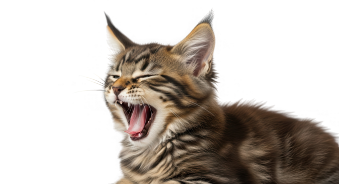 Tabby kitten yawning with closed eyes isolated on transparent background