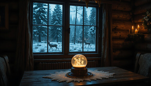 Cozy cabin interior with a glowing snow globe on a wooden table looking out a window at a snowy forest with deer visible outside during twilight