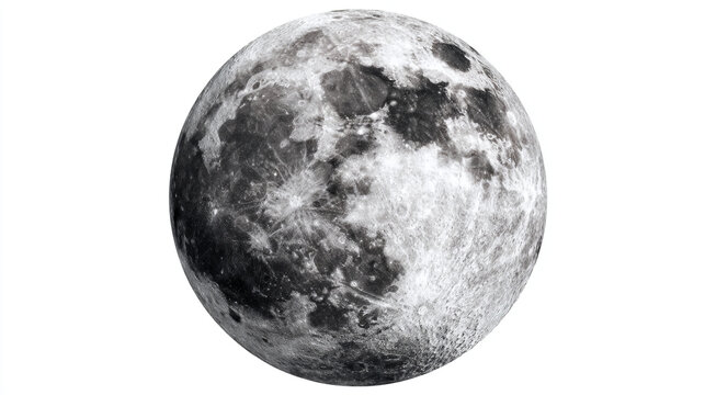 A detailed grayscale image of the full moon with visible craters on white background