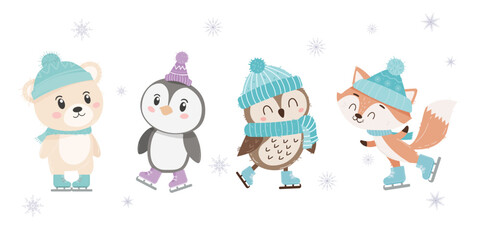 Set of Cute Winter Animals Ice Skating. Vector illustration