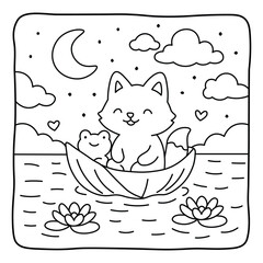 Moonlight Boat Ride with Fox and Frog | Whimsical Animal Coloring Page