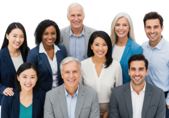 Diverse group of professionals smiling together in a studio portrait transparent background