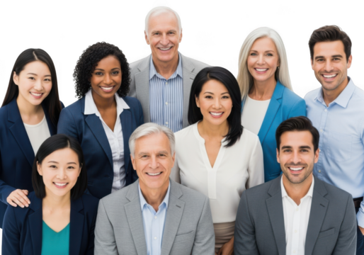 Diverse group of professionals smiling together in a studio portrait transparent background