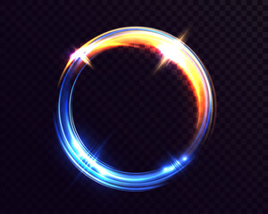 Glowing energy light ring with blue and golden colors, sparkling circular frame with shine and glitter effect, futuristic cosmic design on dark background.
