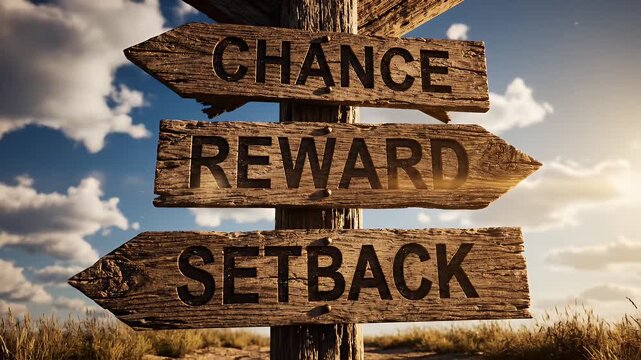 Wooden Directional Signpost with Chance Reward Setback Text in Sunlight