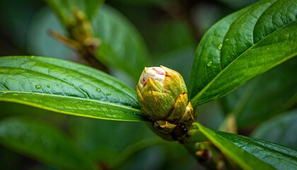 Unopened rhododendron bud surrounded by waxy, green leaves and small water droplets in an outdoor setting