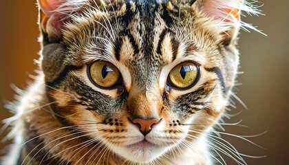 Close-up of a tabby cat's face, featuring its striking eyes, striped fur, and whisker details against soft background