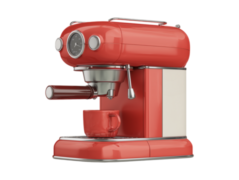 Red retro espresso coffee machine with cup isolated on transparent or white background, png