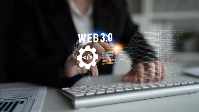 The concept of Web 3.0 development and decentralized data processing. The flow of binary code and information in the next generation internet. Motif