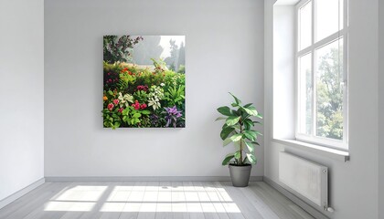 Bright, white room with floral art, sunlit floors, potted plant by window, fresh, serene, and minimalist space