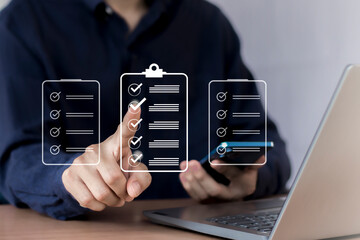 Digital document checklist on screen, productivity concept and business technology, document accuracy management and online survey completion