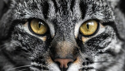 Close-up of a tabby cat's face, showcasing its sharp focus, yellow eyes, and intricate grey and black striped fur