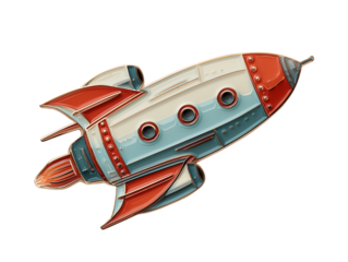 Retro rocket metal pin spaceship isolated on transparent or white background, png