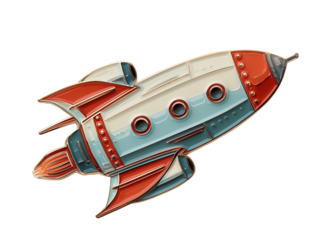 Retro rocket metal pin spaceship isolated on transparent or white background, png