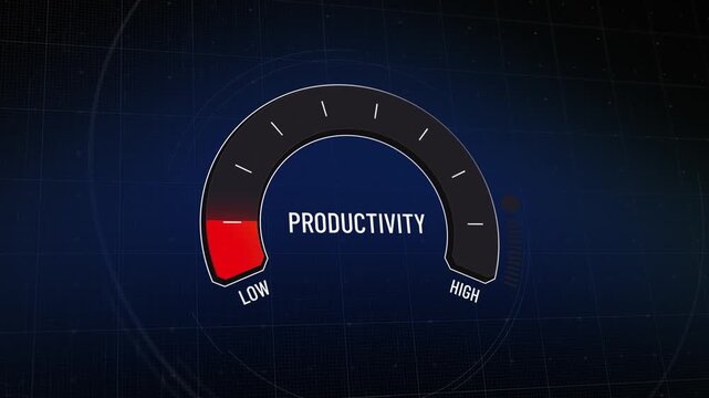 Digital gauge measuring efficiency, dark blue tech interface, indicator needle rising from low red zone to maximum green level, performance improvement and successful optimization metrics. Copy space