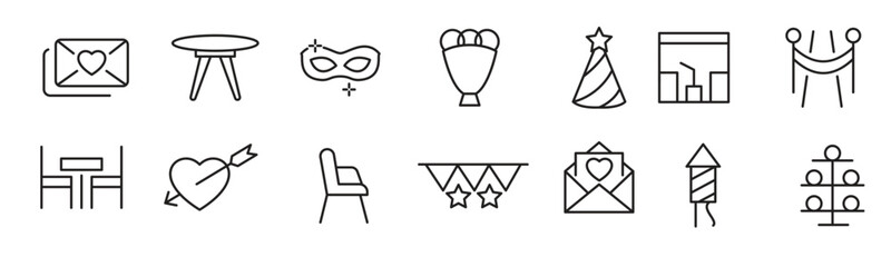 EVENT Planning line icon set. Containing date, schedule, management, catering, registration, wedding, coordination, invitation, birthday cake, buffet line icon set. 