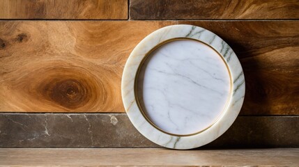 A marble plate sits on a wooden surface