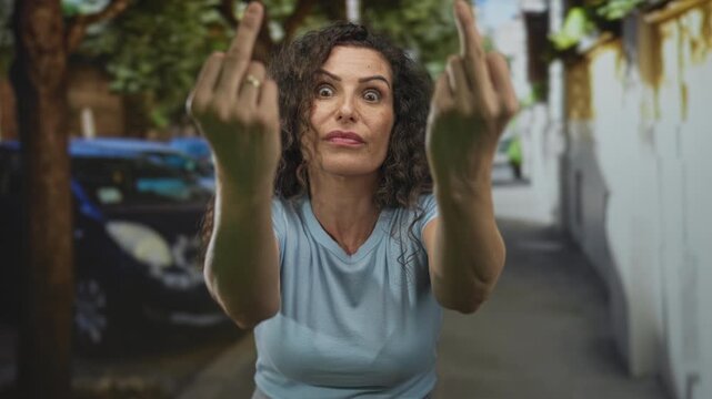 Young hispanic woman showing both middle fingers gesture on narrow urban street with intense stare; defiance.