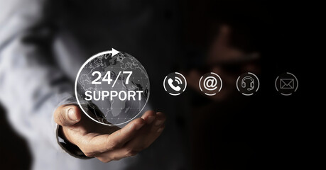 Continuous customer service concept Continuous service without stopping throughout the day or week, 24 hours a day, 7 days a week.	