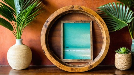 A round wooden frame with a picture of a blue ocean in it