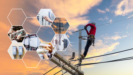 High voltage electrical installation work on poles with electrical service icons