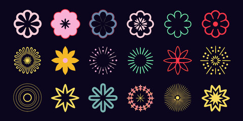 Collection of diverse abstract floral and starburst shapes in various colors on dark background