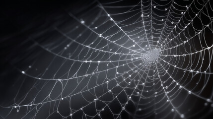A spiderweb covered in water droplets against a dark blurred background close up