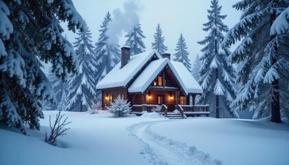 Naklejka premium A cozy cabin nestled deep within a snowy forest, completely obscured by a thick blanket of freshly fallen snow, only the chimney emitting a wisp of smoke , secluded cabin, snowdrift, refuge