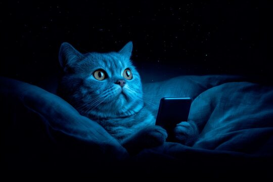 Cat's fearful nighttime encounter with technology. Cute cat phone. Screens are our daily portal to a curated reality of images and text. Graphs in media. Graphs and meaning.