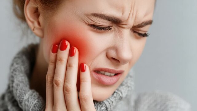 A woman with a grimace holds her cheek in pain. Redness highlights the painful area