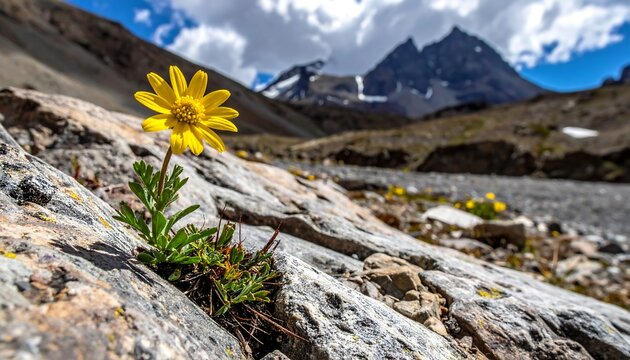 Bright yellow flower blooms from a rocky slope, mountain range blurred in the distance under a partly cloudy sky