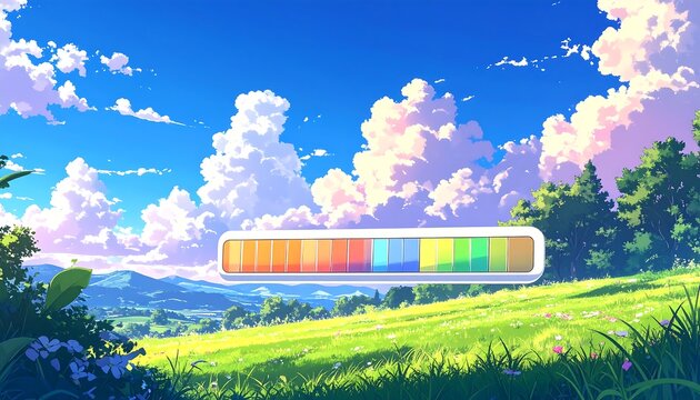 Bright landscape image with a rainbow bar, grassy field, mountains, blue sky and fluffy white clouds