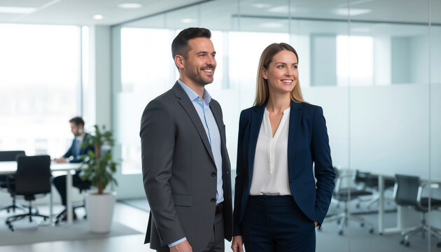 Two smiling business professionals standing confidently in a bright office, looking towards the future