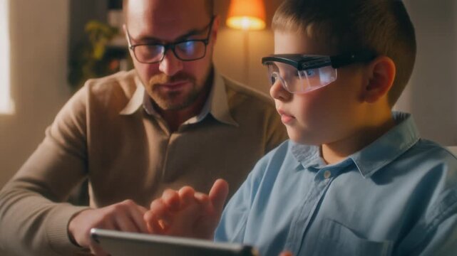 Teacher using a tablet with a visually impaired student wearing assistive glasses
