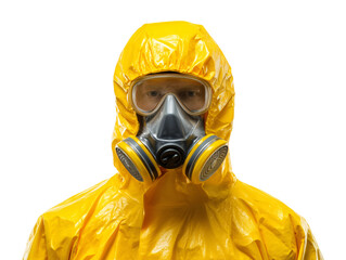 Person in yellow hazmat suit and gas mask isolated on transparent or white background, png