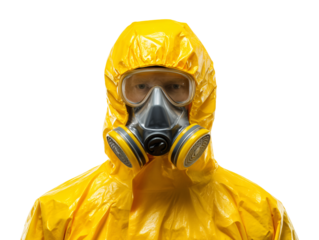 Person in yellow hazmat suit and gas mask isolated on transparent or white background, png