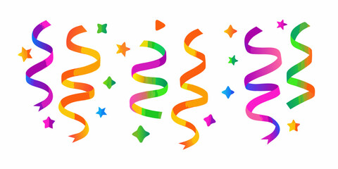 Colorful swirling streamers and star confetti for celebrations and parties