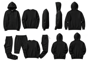 Collection of black hoodies sweatshirts and sweatpants for fashion and comfort transparent background