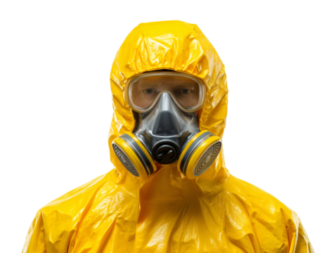 Person in yellow hazmat suit and gas mask isolated on transparent or white background, png