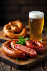 A hearty selection of sausages, pretzels, and beer served on a rustic wooden table, perfect for a lager-fueled feast Enjoy the rich flavors and textures of classic lager food , hearty, wooden, meat