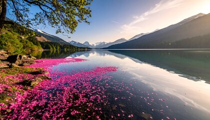 Calm lake reflecting mountains and sky with pink flower petals floating near a rocky shoreline under bright sun