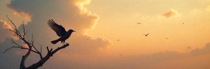 A lone bird takes flight, leaving behind a branch, symbolizing departure and new beginnings A poignant image of freedom and letting go , optimism, release