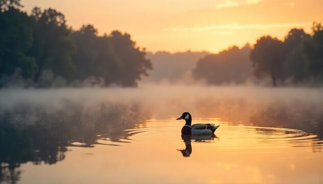 A lone duck decoy sits in a calm lake at sunrise, mist rising from the water's surface, ready for the morning hunt The scene is peaceful yet anticipates action , autumn, reeds, serenity