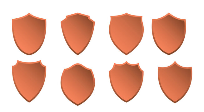 nine bronze isolated shields on white background