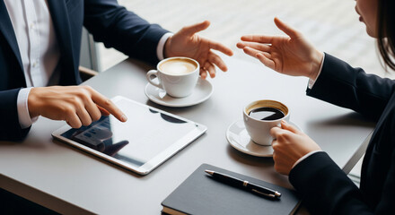 Business people discussing using a tablet in a cafe